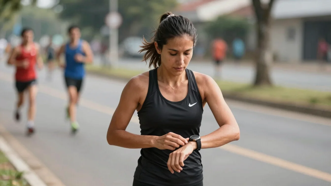 Corredora experiente ajustando o relógio durante um treino em per
