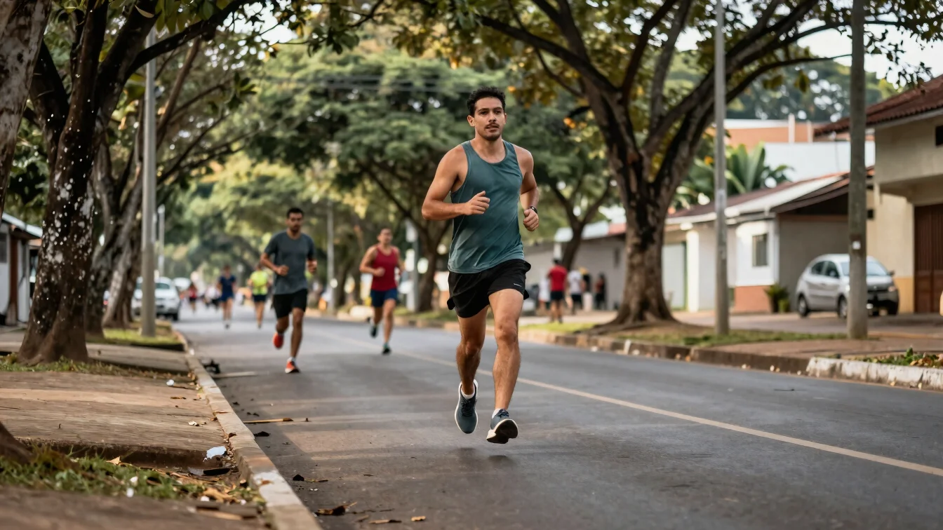 Corredor alongando-se após o treino em praça arborizada, luz suav