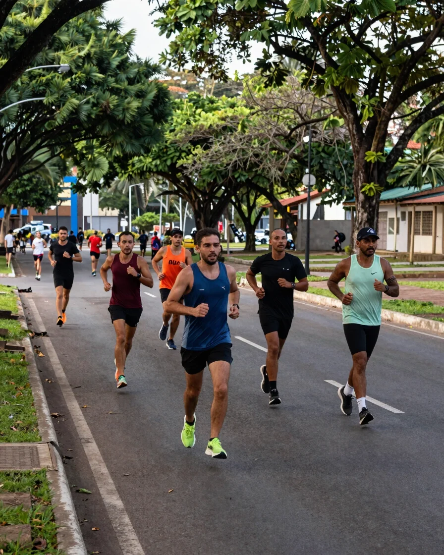 Fotografia editorial de corredor urbano em treino matinal num par